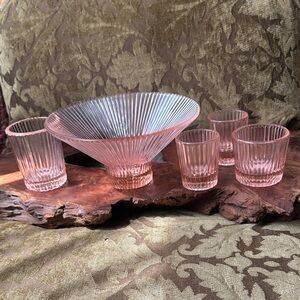 The Collective Pink Ribbed Glass Serving Bowl and 4 Tumbler Set/ Candle holders